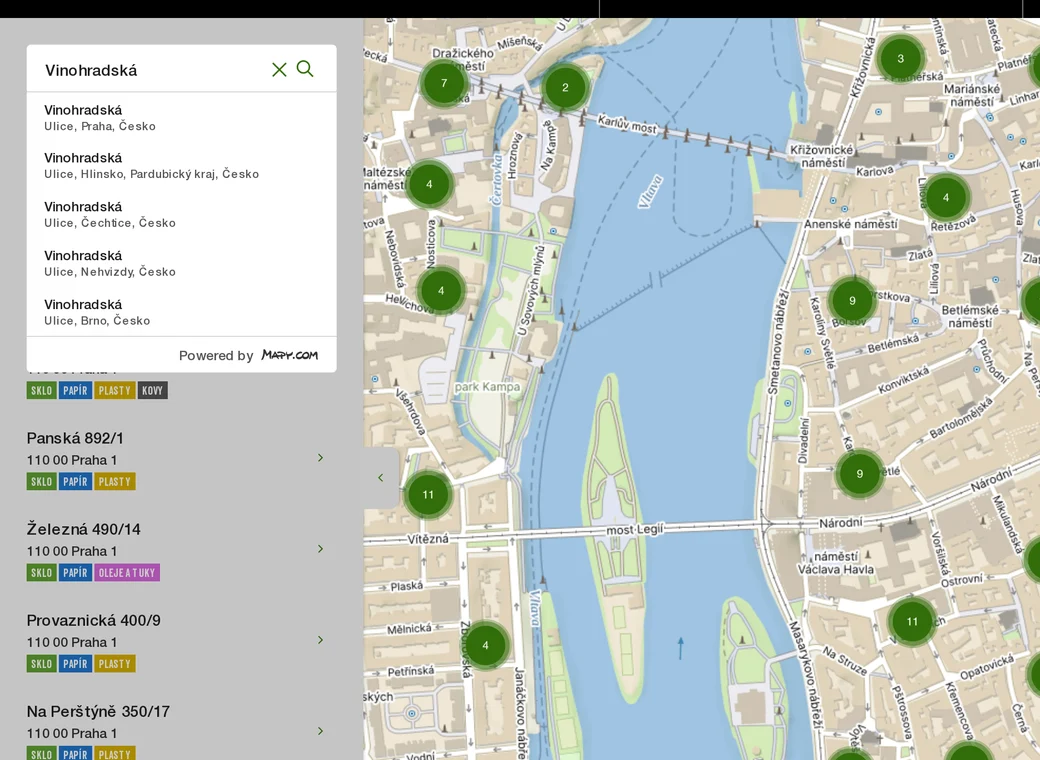 Address search with Mapy.com suggestions for Vinohradská in several cities