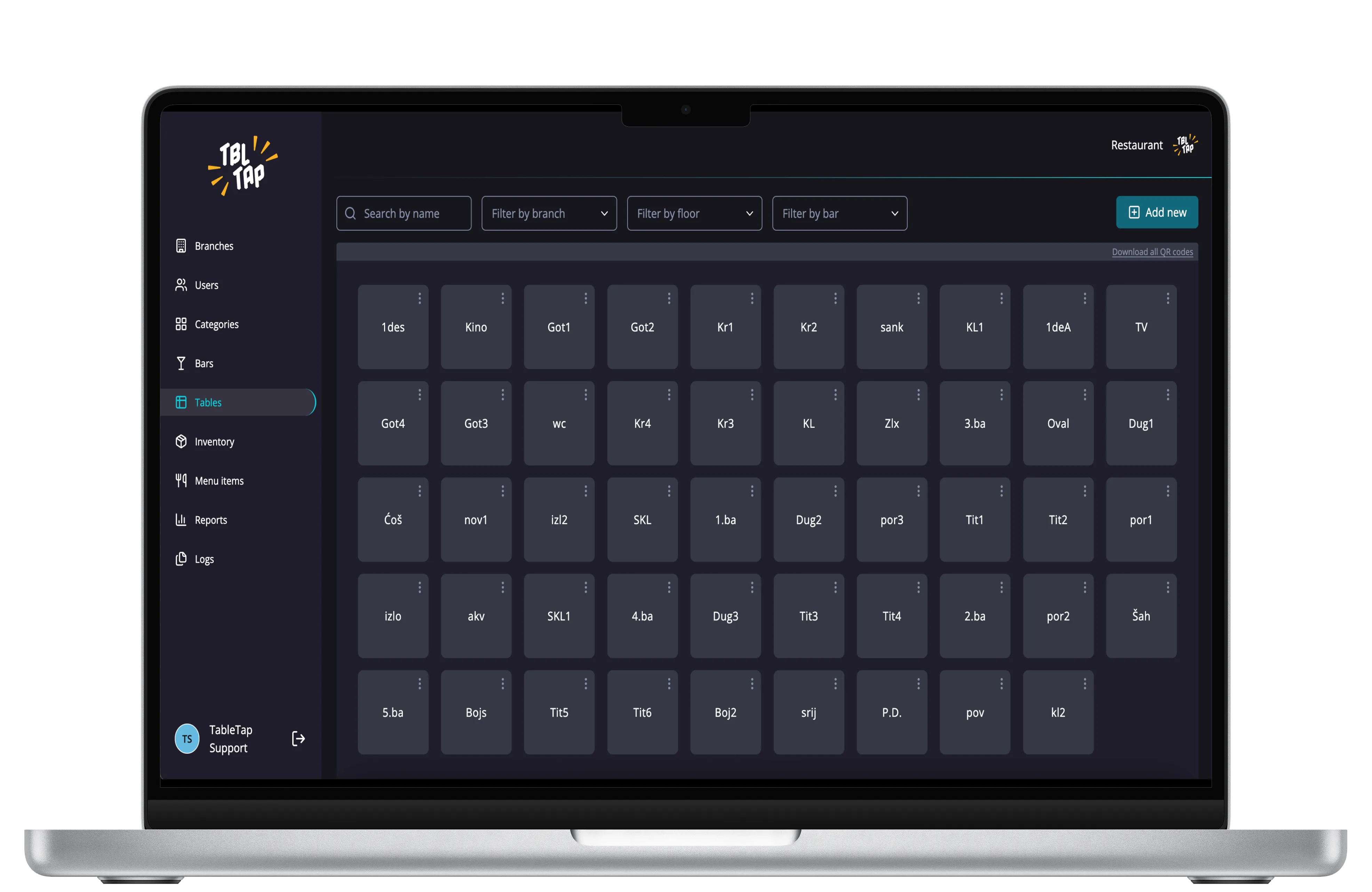 TableTap admin panel on a laptop, showing the table layout of a restaurant